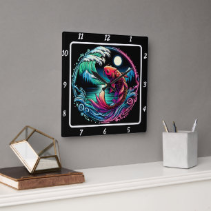 Horloge Carrée Neon Radiant Koi Gold Fish Dream