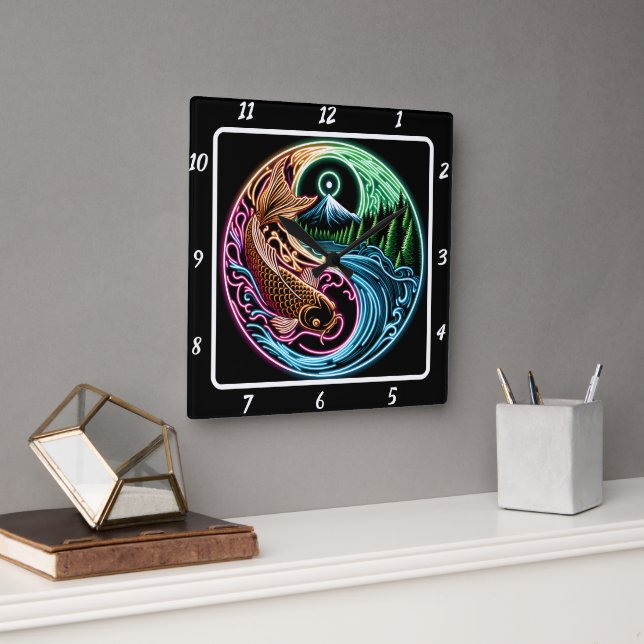 Horloge Carrée Neon Radiant Koi Gold Fish Reflection (Bureau)