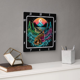 Horloge Carrée Neon Radiant Koi Gold Fish Serenity