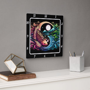 Horloge Carrée Neon Radiant Koi Gold Poisson Harmonie