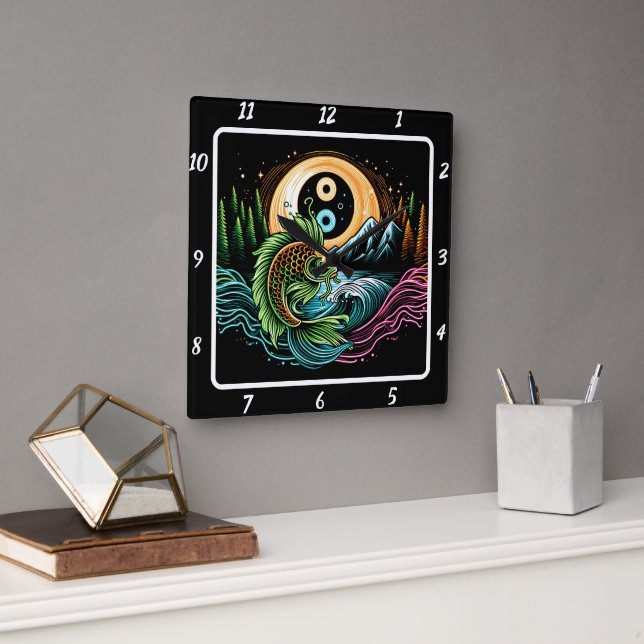 Horloge Carrée Neon Radiant Koi Gold Poisson Tranquillité (Bureau)