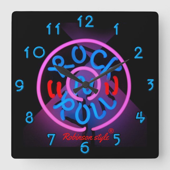 Horloge Carrée Neon Rock n' Roll personnalisé (Recto)