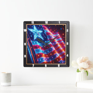Horloge Carrée Neon Star American Flag Moderne