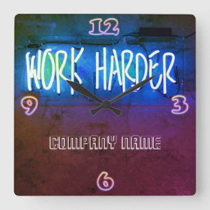 Horloge Carrée Neon Work Harder Bureau Personnel Salle Personnali