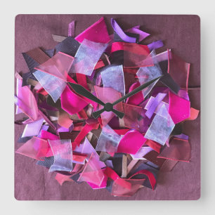 Horloge Carrée Neuf, effet 3D, rubans violets roses bordeaux