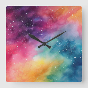 Horloge Carrée Night Sky Rainbow Watercolor Art Abstrait