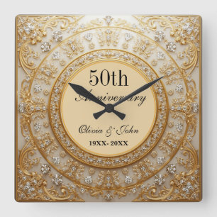 Horloge Carrée Noces de Diamants et d'Or 50ème Anniversaire de Ma