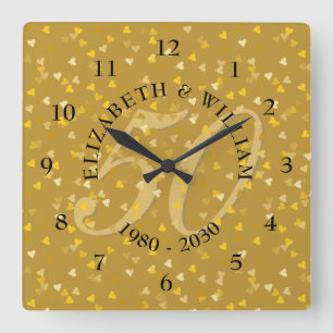 Horloge Carrée Noces d'or Confettis de coeurs dorés