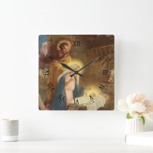 Horloge Carrée Noël ancien Nativité, Marie Joseph Enfant Jésus