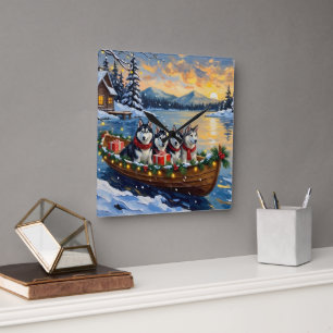 Horloge Carrée Noël Bateau Vacances Malamute d'Alaska