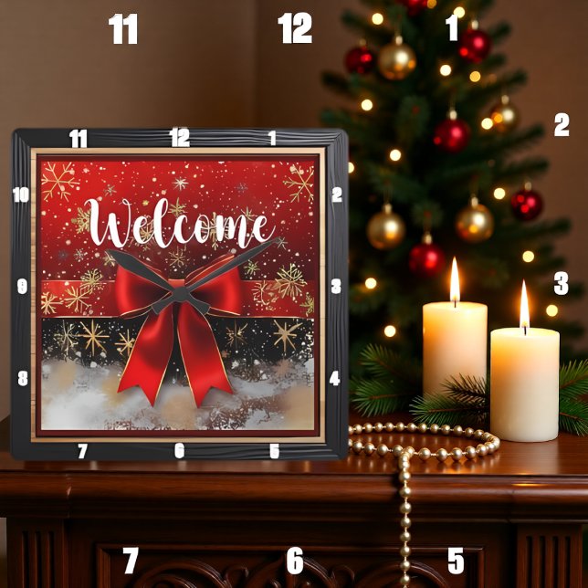 Horloge Carrée Noël Bienvenue Ruban Rouge (Créateur téléchargé)