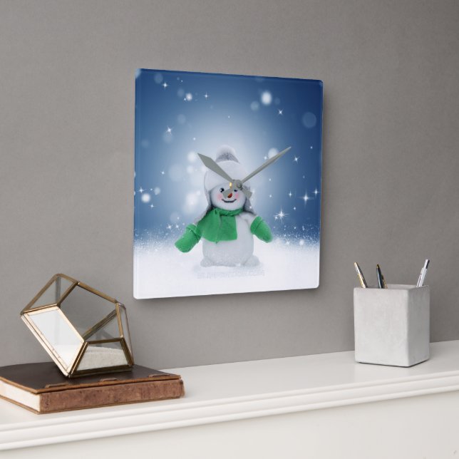 Horloge Carrée Noël bonhomme de neige SlipperyJoe foulard vert m (Bureau)