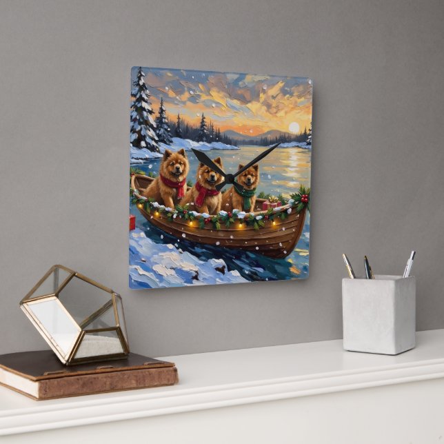 Horloge Carrée Noël Chow Chow Bateau Fêtes (Bureau)