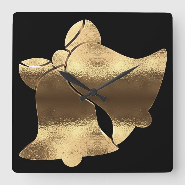 Horloge Carrée Noël Cloches Black Gold Look Festive Élégant (Recto)