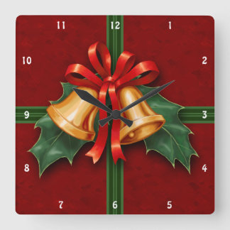 Horloge Carrée Noël cloches et Holly Feuille rouge