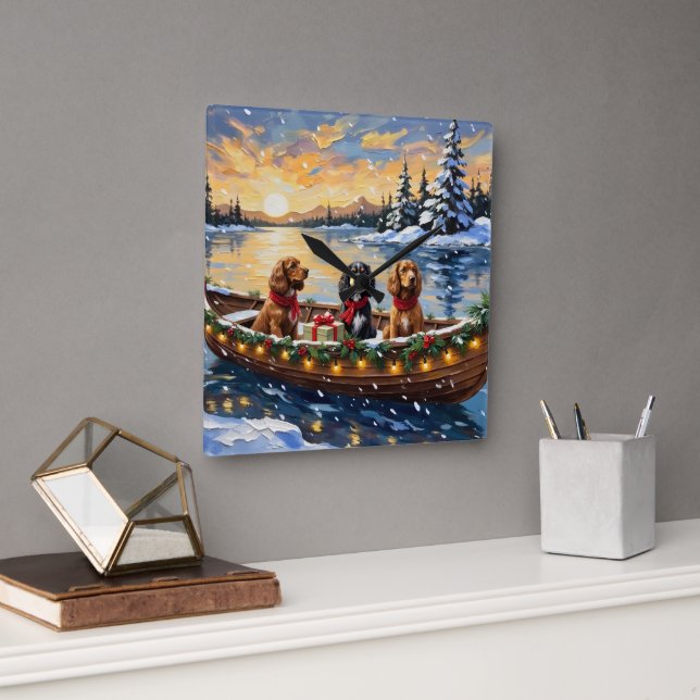 Horloge Carrée Noël Cocker Spaniel Bateau Fêtes (Bureau)
