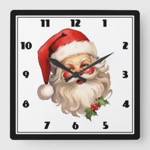 Horloge Carrée Noël de style rétro Holly Jolly Santa Claus