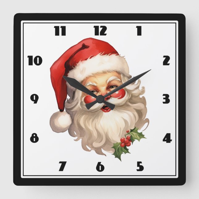 Horloge Carrée Noël de style rétro Holly Jolly Santa Claus (Recto)