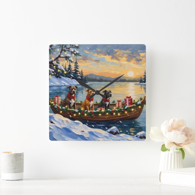 Horloge Carrée Noël en bateau avec Pitbull (Maison)