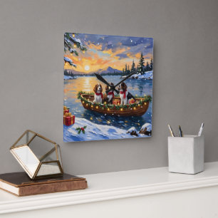 Horloge Carrée Noël en bateau avec un Brittany Spaniel