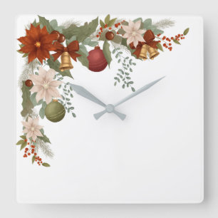 Horloge Carrée Noël floral élégant rouge et vert