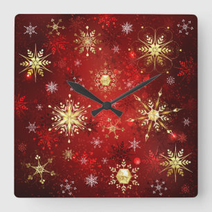 Horloge Carrée Noël Golden Snowflakes sur Arrière - plan rouge