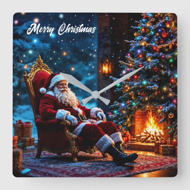 Horloge Carrée Noël magique Santa Claus cheminée confortable (Recto)