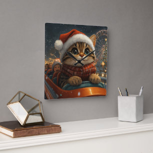Horloge Carrée Noël Montagnes Russes Chat Bengal