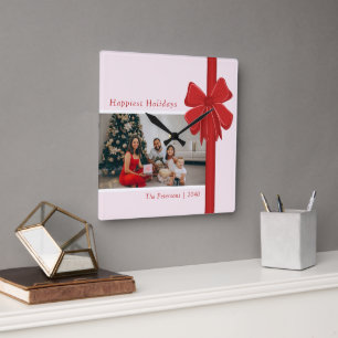 Horloge Carrée Noël Photo Moderne Prépa Ruban Rouge Bow Wrap