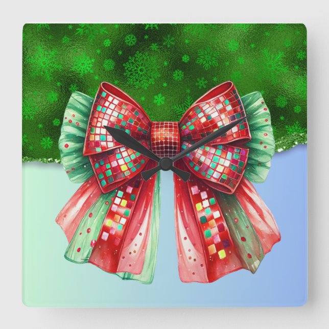 Horloge Carrée Noël présent Croquette Bow Bling Parties scintilla (Recto)