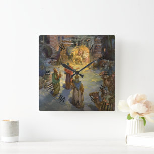 Horloge Carrée Noël vintage de la Nativité avec la visite des Mag