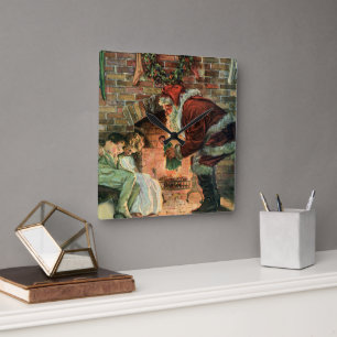 Horloge Carrée Noël vintage, enfants au Père Noël victorien