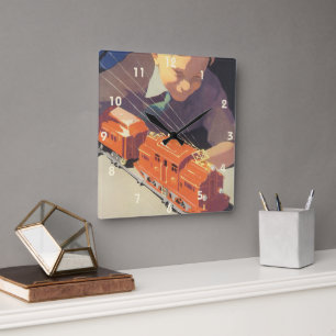Horloge Carrée Noël Vintage, Garçon Jouant avec des Toys Trains