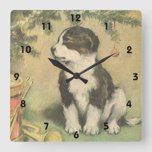 Horloge Carrée Noël vintage, joli chiot sous l'arbre de Noël