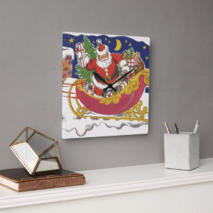 Horloge Carrée Noël vintage, joyeux Père Noël avec traîneau