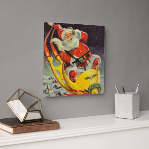 Horloge Carrée Noël vintage, le Père Noël dans un vaisseau spatia