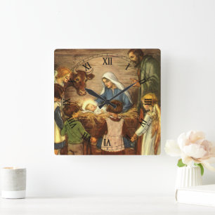 Horloge Carrée Noël Vintage, Nativité Religieuse avec Bébé Jésus