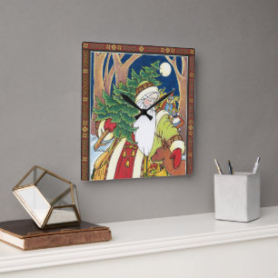 Horloge Carrée Noël vintage, Père Noël Cerf en forêt