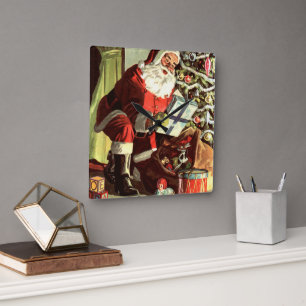 Horloge Carrée Noël vintage, Père Noël rétro avec cadeaux