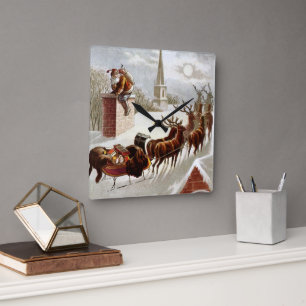 Horloge Carrée Noël vintage, Saint Nicolas sur le toit