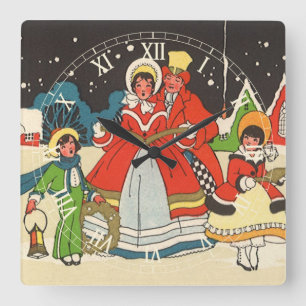 Horloge Carrée Noël vintage, une famille chantant des chants de m