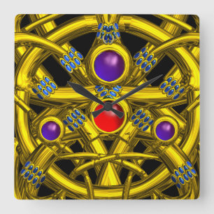 HORLOGE CARRÉE NOEUDS CELTIQUES D'OR ABSTRAITS AVEC PIERRES COLOR