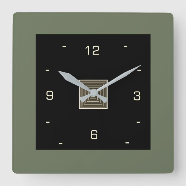 Horloge Carrée Noir avec chiffres crème et bordure olive (Recto)