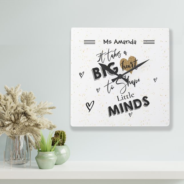 Horloge Carrée Noir blanc citation Appréciation de l'enseignant N (Black White quote Teacher Appreciation Heart Name Square Wall Clock)