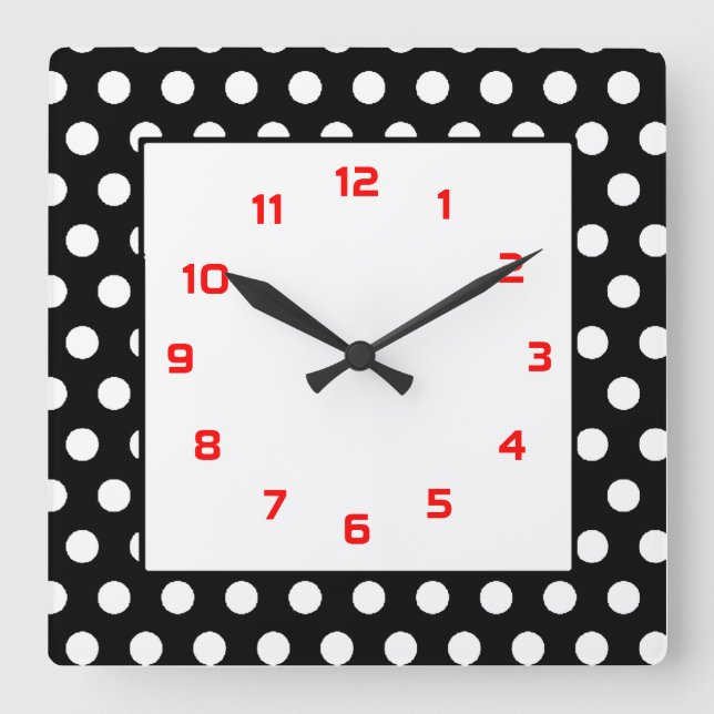 Horloge Carrée Noir blanc et rouge Pois (Recto)