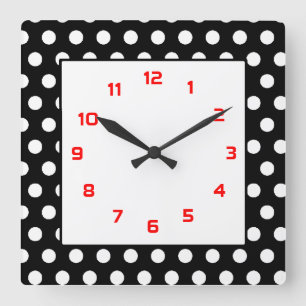 Horloge Carrée Noir blanc et rouge Pois