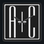 Horloge Carrée Noir & Blanc | Initiales de couple<br><div class="desc">Parfait pour un double monogramme ou même un logo.

Merci pour votre achat!</div>