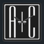 Horloge Carrée Noir & Blanc | Initiales de couple<br><div class="desc">Parfait pour un double monogramme ou même un logo.

Merci pour votre achat!</div>