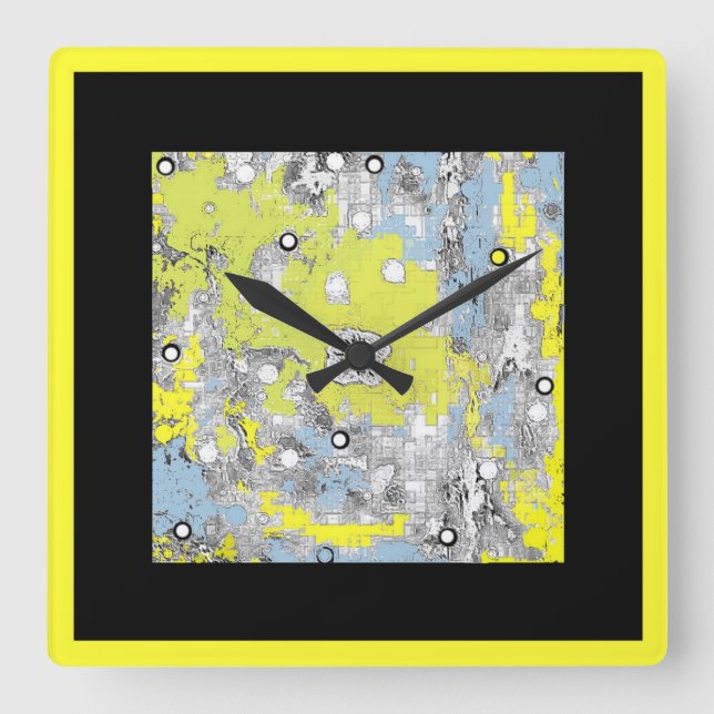 Horloge Carrée Noir bleu jaune carré d'horloge murale (Recto)