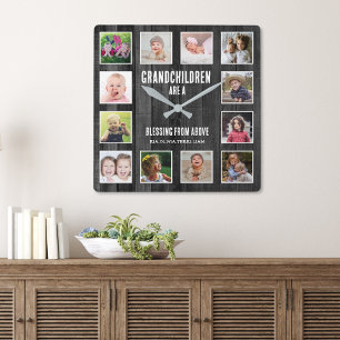 Horloge Carrée Noir Bois 12 Photo Collage Grandchildren Citation